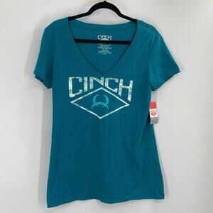 Cinch Western V Neck Heather Blue Logo Short Sleeve Women’s Large NEW Rodeo